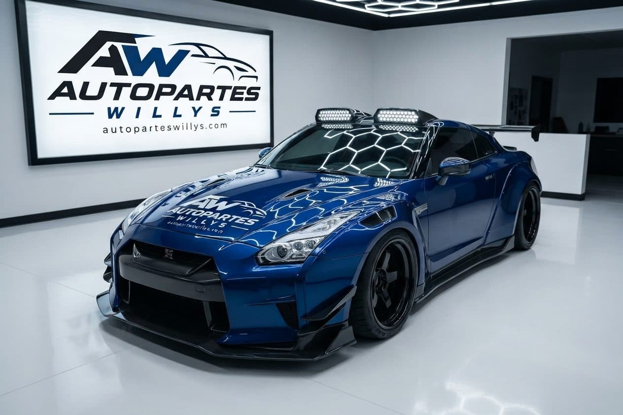 Auto deportivo azul con el logo de AutopartesWillys en la sala de exhibición